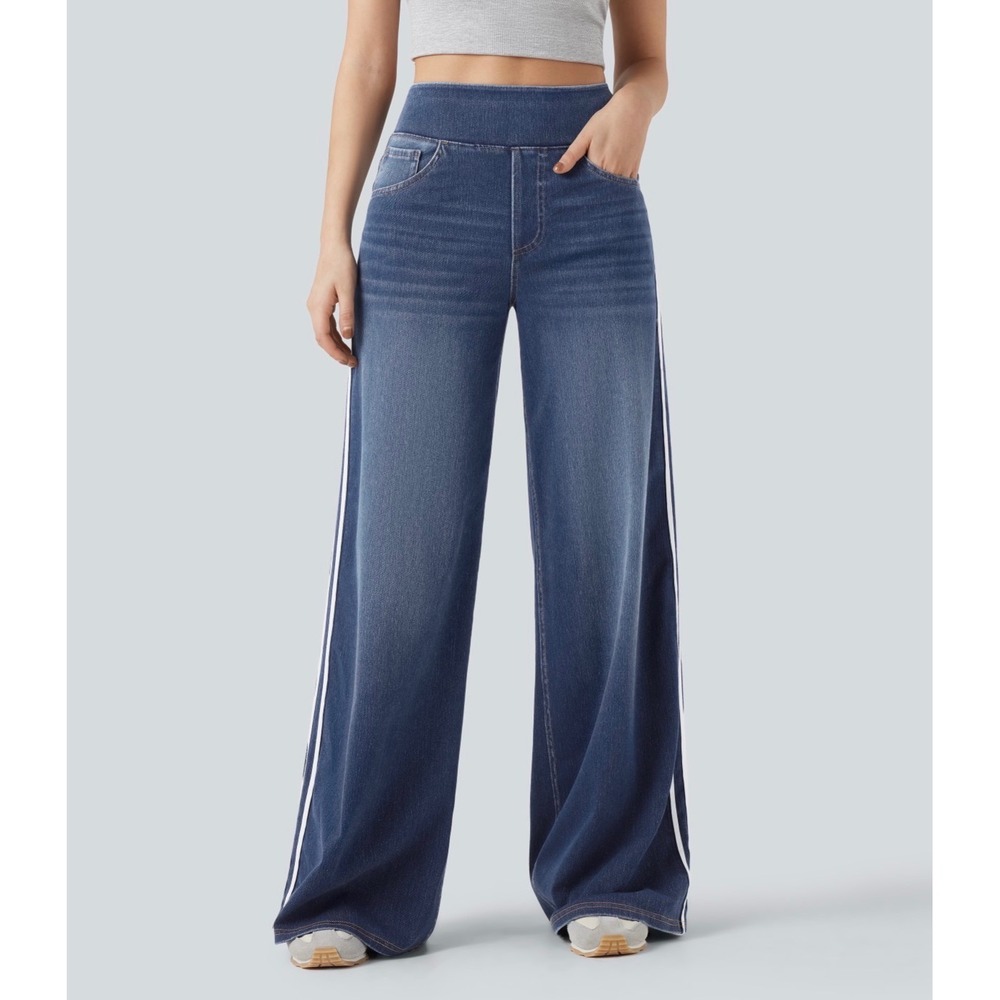 Halara Flex High Waisted Stripe Wide Leg Flowy Jeans Small